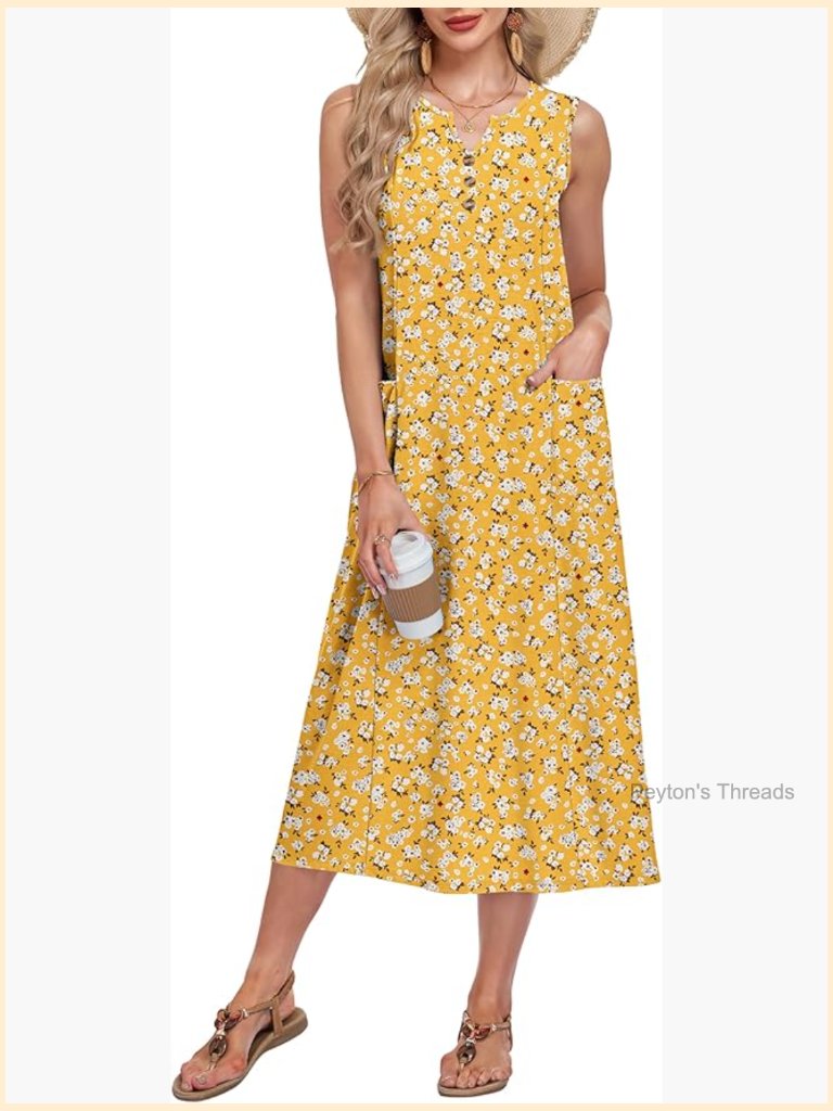 V Neck Sleeveless Midi Dress With Pockets, Lightweight & Stretchy, Summer Casual